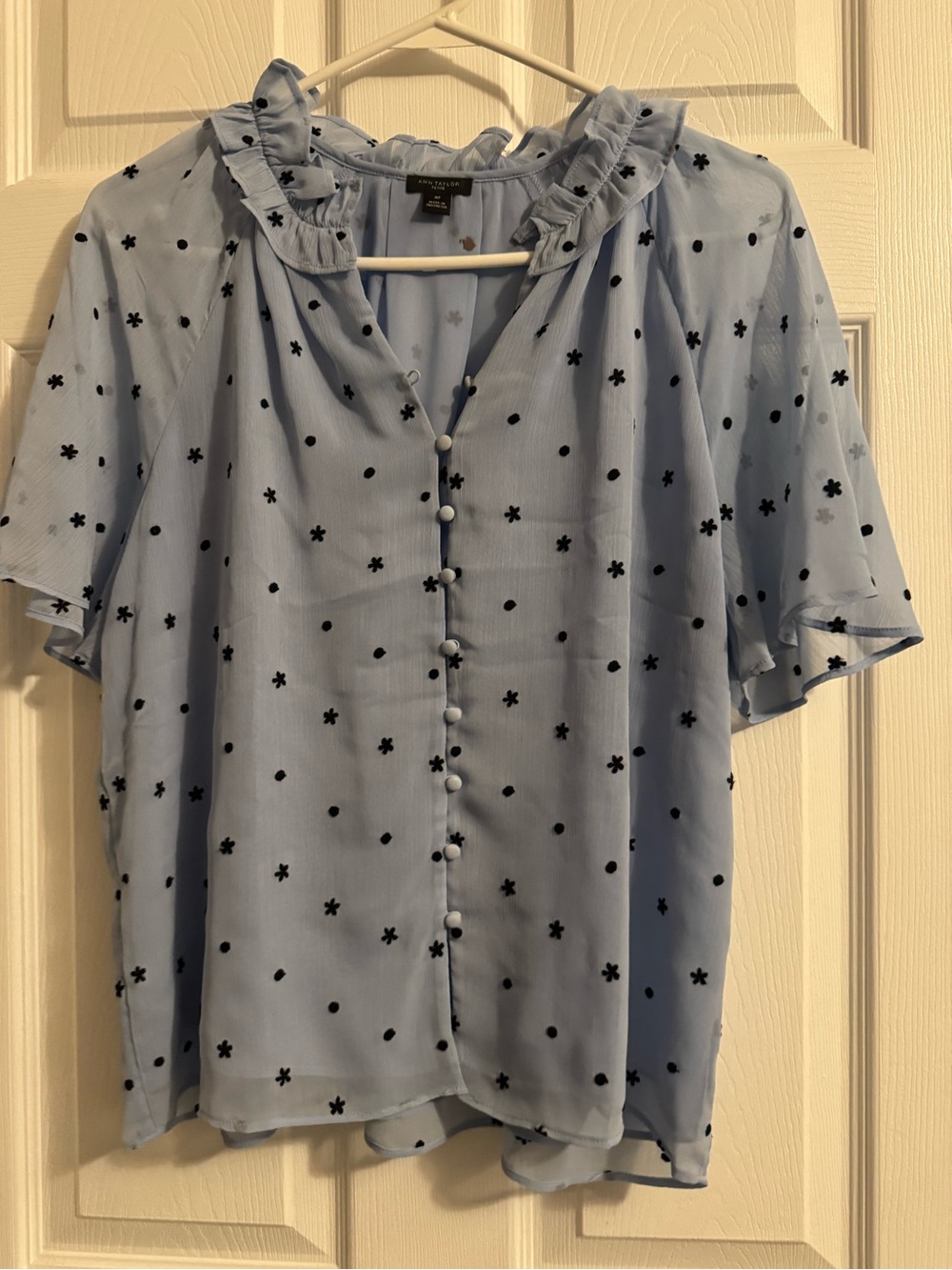 Ann Taylor Floral Ruffle Blouse in Blue & Black Size Medium